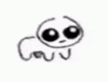 a black and white drawing of a small cartoon character with big eyes .