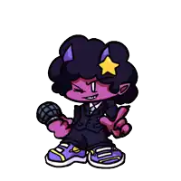 a cartoon character with purple hair and a yellow star on his head is holding a microphone