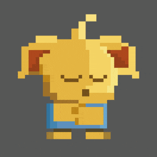 a pixel art drawing of a yellow object with a red ear and a blue skirt