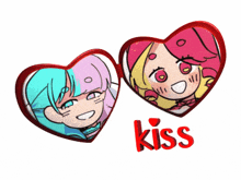 a couple of heart shaped mirrors with the word kiss on the bottom