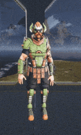 a video game character with a beard and a shield is pointing