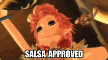 a cartoon character is holding a sword and says salsa approved .