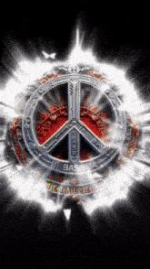a peace sign is surrounded by flames and the words base 14 metallique