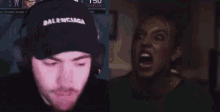 a man wearing a balenciaga hat next to a woman making a funny face