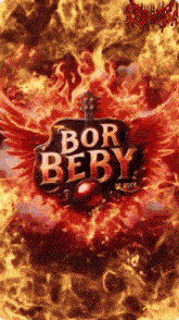a sign that says bor baby on it with flames behind it