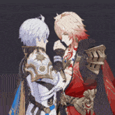 a couple of anime characters standing next to each other holding hands