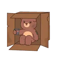 a brown teddy bear is sitting in a cardboard box holding a cup of water