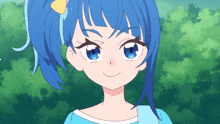 a girl with blue hair and a yellow bow on her head