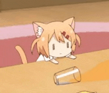 a cartoon cat girl is sitting at a table next to a broken glass .