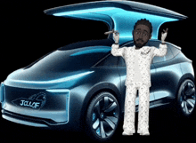 a man stands in front of a car that says jcllof on it