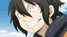 a close up of a cartoon character 's face with red eyes
