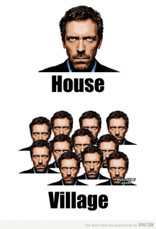 a picture of a man with the words house and village below it