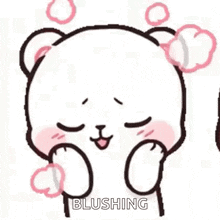 a cartoon of a teddy bear blushing with bubbles coming out of his mouth .