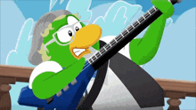 a cartoon penguin is playing a guitar on a balcony .