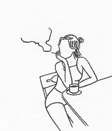 a black and white drawing of a woman smoking a cigarette and drinking coffee .