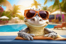 a crocodile wearing orange sunglasses is laying on a towel near a pool
