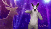 a dog is dancing in front of a deer and the words vigge.ai are on the bottom right