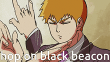 a cartoon of a man with the words hop on black beacon