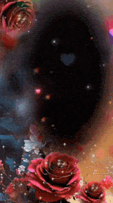 a painting of red roses with a heart in the center