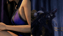 a woman in a purple dress sits next to a drawing of a woman in a black dress