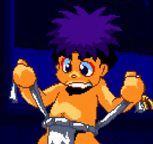 a pixel art of a boy with purple hair and a belt that says n on it