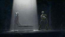 a skeleton and a robot are standing in a dark room under a light
