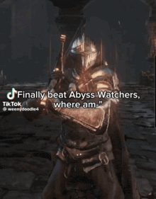 a video game character holding a skeleton with the caption " finally beat abyss watchers "