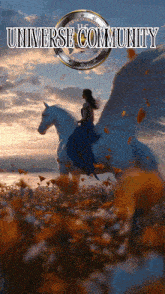 a woman in a blue dress is riding on the back of a white horse with the words universe community written on the bottom