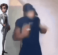 a blurry picture of a man in a suit with the word obi on it