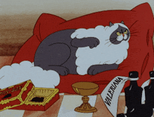 a cartoon cat is laying on a red couch with a tag that says valeriana on it