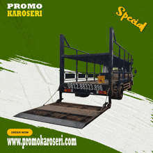 an ad for promo karoseri shows a truck with a lift