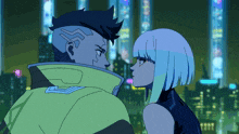 a man and a woman are looking at each other in front of a city at night