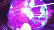 a person is standing in front of a purple sphere with a light coming out of it .
