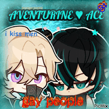 a picture of two anime characters with the words i kiss men gay people on it