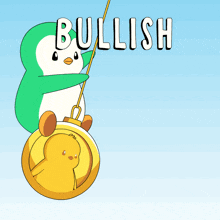 a penguin is swinging a gold coin with the word bullish written above it