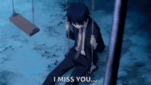 a man in a suit and tie is sitting on a swing and says `` i miss you '' .