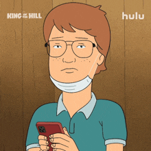 a cartoon of a man wearing a mask and holding a cell phone with hulu written on the bottom