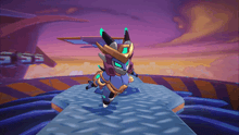 a video game character is standing on a platform with a purple sky in the background