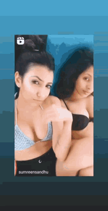 a picture of two women in bikinis with the name sumreensandhu on the bottom right