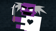 a group of people standing next to a purple robot with a heart in its chest .