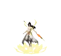 a woman is standing on a lotus flower in front of a circle of fire