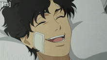 a man with a bandage on his ear is smiling with the words [ as ] in the corner