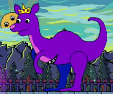 a purple kangaroo with a crown on its head is standing next to a fence