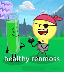 a cartoon of a light bulb and a test tube with the words " healthy renmoss " underneath