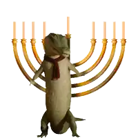 a crocodile standing in front of a menorah with candles