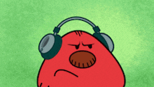 a red cartoon character wearing headphones with a sad face