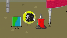 a group of cartoon characters including a book a tennis ball and a diamond