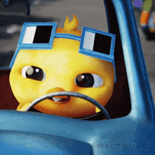 a yellow duck wearing sunglasses is driving a blue car