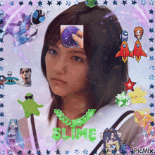 a picture of a girl with the word slime in green