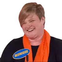 a woman wearing a name tag that says monique